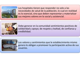 Los hospitales tienen que responder no solo a las
necesidades de salud de la población, lo cual en realidad
es lo esencial, sino que deben representar y materializar
sus mejores valores en lo social y asistencial.
Debe generar en la comunidad sentimientos positivos de
solidaridad y apoyo; de respeto y lealtad, de confianza y
credibilidad.
Los valores y sentimientos que le establecimiento mismo
genera le obligan a promover la participación activa de sus
usuarios.
 