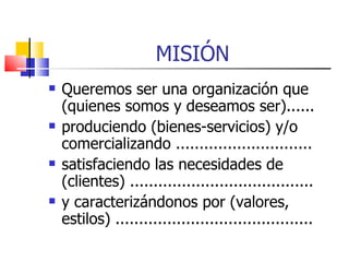 MISIÓN Queremos ser una organización que (quienes somos y deseamos ser)...... produciendo (bienes-servicios) y/o comercializando ............................. satisfaciendo las necesidades de (clientes) ....................................... y caracterizándonos por (valores, estilos) .......................................... 