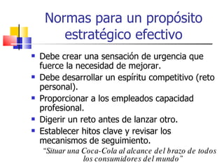 Normas para un propósito estratégico efectivo Debe crear una sensación de urgencia que fuerce la necesidad de mejorar. Debe desarrollar un espíritu competitivo (reto personal). Proporcionar a los empleados capacidad profesional. Digerir un reto antes de lanzar otro. Establecer hitos clave y revisar los mecanismos de seguimiento. “ Situar una Coca-Cola al alcance del brazo de todos los consumidores del mundo” 
