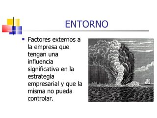 ENTORNO Factores externos a la empresa que tengan una influencia significativa en la estrategia empresarial y que la misma no pueda controlar. 