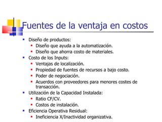 Fuentes de la ventaja en costos Diseño de productos: Diseño que ayuda a la automatización. Diseño que ahorra costo de materiales. Costo de los Inputs: Ventajas de localización. Propiedad de fuentes de recursos a bajo costo. Poder de negociación. Acuerdos con proveedores para menores costes de transacción. Utilización de la Capacidad Instalada: Ratio CF/CV. Costos de instalación. Eficiencia Operativa Residual: Ineficiencia X/Inactividad organizativa. 