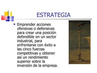 ESTRATEGIA Emprender acciones ofensivas o defensivas para crear una posición defendible en un sector industrial, para enfrentarse con éxito a las cinco fuerzas competitivas y obtener así un rendimiento superior sobre la inversión de la empresa. 