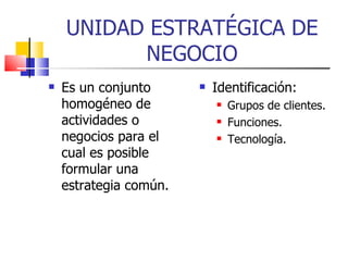 UNIDAD ESTRATÉGICA DE NEGOCIO Identificación: Grupos de clientes. Funciones. Tecnología. Es un conjunto homogéneo de actividades o negocios para el cual es posible formular una estrategia común. 