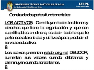 Consta de dos partes fundamentales: LOS ACTIVOS :  Constituyen todos los bienes y derechos que tiene la organización y que son cuantificables en dinero, es decir todo lo que le pertenece a la entidad y utilizará para producir el servicio educativo.   Los activos presentan  saldo original  DEUDOR, aumentan sus valores cuando debitamos y disminuyen cuando acreditamos.     