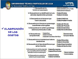 1 .  De acuerdo con la función en la se origina 2. De acuerdo con su identificación en una actividad, departamento o producto 3. De acuerdo con el tiempo en que fueron calculados 4. De acuerdo con el tiempo en que se cargan o se enfrentan a los ingresos 5. De acuerdo con el control que se tenga sobre la ocurrencia de un costo 6. De acuerdo a su comportamiento 7. De acuerdo con su importancia en la toma de decisiones  8. De acuerdo con el tipo de sacrificio en que se han incurrido 9. De acuerdo con el cambio originado por un aumento o disminución de la actividad  función en la se origina 10. De acuerdo con su relación en la Disminución de actividades  Costo de Producción Costos de Distribución y Venta Costos de Administración   Costos Directos Costos Indirectos Costos Históricos Costos Predeterminados Costos del Periodo  Costos del Producto Costos Controlables Costos No Controlables Costos Fijos Costos Variables  Costos Semivariables o Semifijos   Costos Relevantes Costos Irrelevantes Costos Desembolsables Costos de Oportunidad Costos Sumergidos Costos Diferenciales Costos Evitables Costos Inevitables Decrementales Incrementales Discrecionales  Comprometidos 