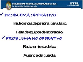 Insuficiencia de personal parvulario. Falta de equipos de laboratorio. Racionamiento de luz. Ausencia del guardia. 