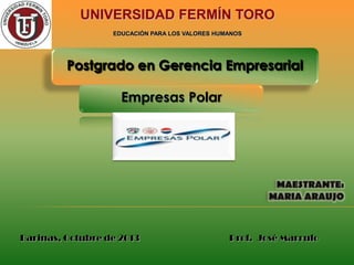 UNIVERSIDAD FERMÍN TORO
EDUCACIÓN PARA LOS VALORES HUMANOS

Postgrado en Gerencia Empresarial
Empresas Polar

Barinas, Octubre de 2013

Prof. José Marrufo

 