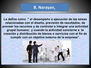 B. Narayan,
La define como “ el desempeño o ejecución de las tareas
relacionadas con el diseño, previsión de resultados; de
proveer los recursos y de controlar e integrar una actividad
grupal humana; y cuando la actividad concierne a la
creación y distribución de bienes o servicios con el fin de
cumplir con un objetivo externo de la empresa”.
 