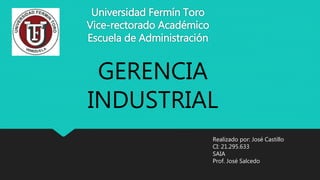 Universidad Fermín Toro
Vice-rectorado Académico
Escuela de Administración
Realizado por: José Castillo
CI: 21.295.633
SAIA
Prof. José Salcedo
GERENCIA
INDUSTRIAL
 