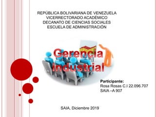 REPÚBLICA BOLIVARIANA DE VENEZUELA
VICERRECTORADO ACADÉMICO
DECANATO DE CIENCIAS SOCIALES
ESCUELA DE ADMINISTRACIÓN
Participante:
Rosa Rosas C.I 22.096.707
SAIA –A 907
SAIA, Diciembre 2019
 