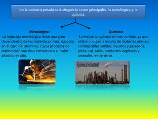 En la industria pesada se distinguirán como principales, la metalúrgica y la
química.
Metalúrgica:
La industria metalúrgica tiene una gran
dependencia de las materias primas; excepto
en el caso del aluminio, cuyos procesos de
elaboración son muy complejos y su valor
añadido es alto.
Química:
La industria química es más variada, ya que
utiliza una gama amplia de materias primas:
combustibles sólidos, líquidos y gaseosos,
pirita, cal, sales, productos vegetales y
animales, entre otros.
 