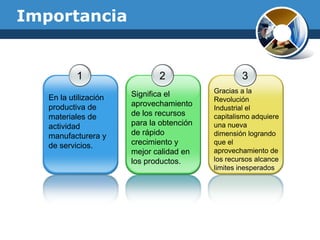 Importancia
1
En la utilización
productiva de
materiales de
actividad
manufacturera y
de servicios.
2
Significa el
aprovechamiento
de los recursos
para la obtención
de rápido
crecimiento y
mejor calidad en
los productos.
3
Gracias a la
Revolución
Industrial el
capitalismo adquiere
una nueva
dimensión logrando
que el
aprovechamiento de
los recursos alcance
limites inesperados
 