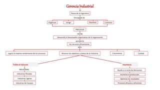 Gerencia Industrial
es
Rama de la ingeniería
Encargada de
Organizar Dirigir Planificar Controlar
PROCESOS
para
donde
Desarrolla el desempeño organizativo de la organización
aprovecha
los recursos eficazmente
Lograr el máximo rendimiento de los procesos Alcanzar los objetivos y metas de la Industria
ÁmbitodeAplicación
Crecimiento Calidad
Industrias Pesadas
INDUSTRIAS
Industrias de Equipos
Industrias Ligeras
Importancia
Ayuda a la toma de decisiones
Aumenta la producción
Optimiza los resultados
Procesos eficaces y eficientes
 