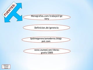 FUENTES:
Monografias.com/trabajo3/ge
nery
Definicion.de/gerencia
Ipalmegerenciamoderna.blogs
pot.com
www.eumed.net/libros-
gratis/2005
CREDITOS:
ELIVERIO
VARGAS
 