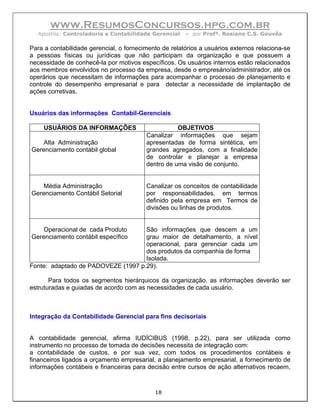 www.ResumosConcursos.hpg.com.br
  Apostila: Controladoria e Contabilidade Gerencial    – por Profª. Rosiane C.S. Gouvêa

Para a contabilidade gerencial, o fornecimento de relatórios a usuários externos relaciona-se
a pessoas físicas ou jurídicas que não participam da organização e que possuem a
necessidade de conhecê-la por motivos específicos. Os usuários internos estão relacionados
aos membros envolvidos no processo da empresa, desde o empresário/administrador, até os
operários que necessitam de informações para acompanhar o processo de planejamento e
controle do desempenho empresarial e para detectar a necessidade de implantação de
ações corretivas.


Usuários das informações Contabil-Gerenciais

     USUÁRIOS DA INFORMAÇÕES                        OBJETIVOS
                                         Canalizar informações que sejam
    Alta Administração                   apresentadas de forma sintética, em
Gerenciamento contábil global            grandes agregados, com a finalidade
                                         de controlar e planejar a empresa
                                         dentro de uma visão de conjunto.


    Média Administração                  Canalizar os conceitos de contabilidade
Gerenciamento Contábil Setorial          por responsabilidades, em termos
                                         definido pela empresa em Termos de
                                         divisões ou linhas de produtos.


    Operacional de cada Produto     São informações que descem a um
Gerenciamento contábil específico   grau maior de detalhamento, a nível
                                    operacional, para gerenciar cada um
                                    dos produtos da companhia de forma
                                    Isolada.
Fonte: adaptado de PADOVEZE (1997 p.29).

       Para todos os segmentos hierárquicos da organização, as informações deverão ser
estruturadas e guiadas de acordo com as necessidades de cada usuário.



Integração da Contabilidade Gerencial para fins decisoriais


A contabilidade gerencial, afirma IUDÍCIBUS (1998, p.22), para ser utilizada como
instrumento no processo de tomada de decisões necessita de integração com:
a contabilidade de custos, e por sua vez, com todos os procedimentos contábeis e
financeiros ligados a orçamento empresarial, a planejamento empresarial, a fornecimento de
informações contábeis e financeiras para decisão entre cursos de ação alternativos recaem,



                                            18
 