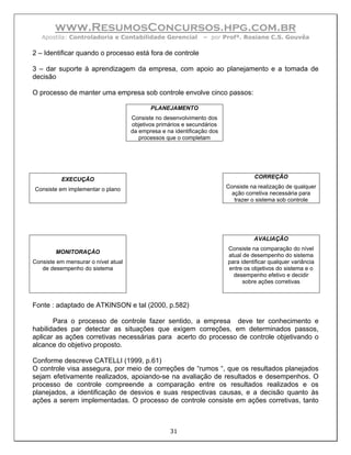 www.ResumosConcursos.hpg.com.br
   Apostila: Controladoria e Contabilidade Gerencial            – por Profª. Rosiane C.S. Gouvêa

2 – Identificar quando o processo está fora de controle

3 – dar suporte à aprendizagem da empresa, com apoio ao planejamento e a tomada de
decisão

O processo de manter uma empresa sob controle envolve cinco passos:

                                            PLANEJAMENTO
                                     Consiste no desenvolvimento dos
                                     objetivos primários e secundários
                                     da empresa e na identificação dos
                                        processos que o completam




          EXECUÇÃO                                                                 CORREÇÃO

Consiste em implementar o plano                                          Consiste na realização de qualquer
                                                                          ação corretiva necessária para
                                                                           trazer o sistema sob controle




                                                                                   AVALIAÇÃO
                                                                         Consiste na comparação do nível
        MONITORAÇÀO
                                                                         atual de desempenho do sistema
Consiste em mensurar o nível atual                                       para identificar qualquer variância
   de desempenho do sistema                                              entre os objetivos do sistema e o
                                                                           desempenho efetivo e decidir
                                                                               sobre ações corretivas



Fonte : adaptado de ATKINSON e tal (2000, p.582)

       Para o processo de controle fazer sentido, a empresa deve ter conhecimento e
habilidades par detectar as situações que exigem correções, em determinados passos,
aplicar as ações corretivas necessárias para acerto do processo de controle objetivando o
alcance do objetivo proposto.

Conforme descreve CATELLI (1999, p.61)
O controle visa assegura, por meio de correções de “rumos “, que os resultados planejados
sejam efetivamente realizados, apoiando-se na avaliação de resultados e desempenhos. O
processo de controle compreende a comparação entre os resultados realizados e os
planejados, a identificação de desvios e suas respectivas causas, e a decisão quanto às
ações a serem implementadas. O processo de controle consiste em ações corretivas, tanto



                                                   31
 