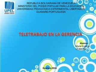REPUBLICA BOLIVARIANA DE VENEZUELA
MINISTERIO DEL PODER POPULAR PARA LA EDUCACIÓN
UNIVERSIDAD PEDAGÓGICA EXPERIMENTAL LIBERTADOR
GUANARE-PORTUGUESA
Alumna :
María Graterol
17.261.082
Guanare,2016
 