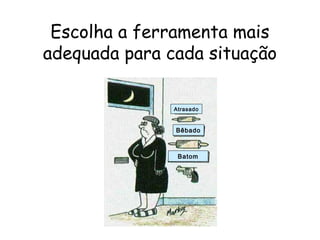 11
Escolha a ferramenta mais
adequada para cada situação
Atrasado
Bêbado
Batom
 
