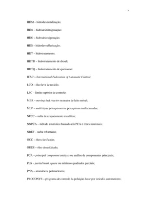 x
HDM – hidrodesmetalização;
HDN – hidrodesnitrogenação;
HDO – hidrodesoxigenação;
HDS – hidrodessulfurização;
HDT – hidrotratamento;
HDTD – hidrotratamento de diesel;
HDTQ – hidrotratamento de querosene;
IFAC – International Federation of Automatic Control;
LCO – óleo leve de reciclo;
LSC – limite superior de controle;
MBR – moving-bed reactor ou reator de leito móvel;
MLP – multi layer perceptrons ou perceptrons multicamadas;
NFCC – nafta de craqueamento catalítico;
NNPCA – método estatístico baseado em PCA e redes neuronais;
NREF – nafta reformado;
OCC – óleo clarificado;
ODES – óleo desasfaltado;
PCA – principal component analysis ou análise de componentes principais;
PLS – partial least square ou mínimos quadrados parciais;
PNA – aromáticos polinucleares;
PROCONVE – programa de controle da poluição do ar por veículos automotores;
 