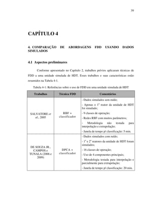 39
CAPÍTULO 4
4. COMPARAÇÃO DE ABORDAGENS FDD USANDO DADOS
SIMULADOS
4.1 Aspectos preliminares
Conforme apresentado no Capítulo 2, trabalhos prévios aplicaram técnicas de
FDD a uma unidade simulada de HDT. Esses trabalhos e suas características estão
resumidos na Tabela 4-1.
Tabela 4-1: Referências sobre o uso de FDD em uma unidade simulada de HDT
Trabalhos Técnica FDD Comentários
SALVATORE et
al., 2005
RBF +
classificador
- Dados simulados sem ruído;
- Apenas o 1o
reator da unidade de HDT
foi simulado;
- 9 classes de operação;
- Redes RBF com muitos parâmetros;
- Metodologia não testada para
interpolação e extrapolação;
- Janela de tempo p/ classificação: 5 min.
DE SOUZA JR.,
CAMPOS e
TUNALA (2006 e
2009)
DPCA +
classificador
- Dados simulados com ruído;
- 1o
e 2o
reatores da unidade de HDT foram
simulados;
- 16 classes de operação;
- Uso de 4 componentes principais;
- Metodologia testada para interpolação e
parcialmente para extrapolação;
- Janela de tempo p/ classificação: 20 min.
 