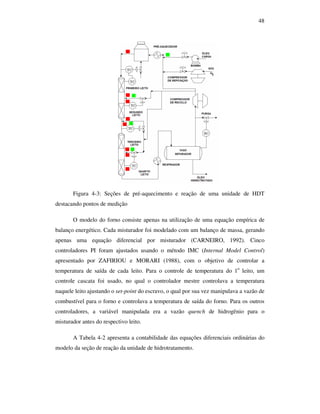 48
Figura 4-3: Seções de pré-aquecimento e reação de uma unidade de HDT
destacando pontos de medição
O modelo do forno consiste apenas na utilização de uma equação empírica de
balanço energético. Cada misturador foi modelado com um balanço de massa, gerando
apenas uma equação diferencial por misturador (CARNEIRO, 1992). Cinco
controladores PI foram ajustados usando o método IMC (Internal Model Control)
apresentado por ZAFIRIOU e MORARI (1988), com o objetivo de controlar a
temperatura de saída de cada leito. Para o controle de temperatura do 1o
leito, um
controle cascata foi usado, no qual o controlador mestre controlava a temperatura
naquele leito ajustando o set-point do escravo, o qual por sua vez manipulava a vazão de
combustível para o forno e controlava a temperatura de saída do forno. Para os outros
controladores, a variável manipulada era a vazão quench de hidrogênio para o
misturador antes do respectivo leito.
A Tabela 4-2 apresenta a contabilidade das equações diferenciais ordinárias do
modelo da seção de reação da unidade de hidrotratamento.
 