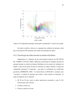 65
-8 -6 -4 -2 0 2 4 6 8
-1.5
-1
-0.5
0
0.5
1
1.5
2
2.5
3
1º Componente Principal
4ºComponentePrincipal
c) PC1 x PC4
Figura 4-6: Componentes principais selecionados considerando 12 variáveis de entrada
Em todos os gráficos, observa-se a separação das condições de operação, sendo
que os três primeiros PCs permitem uma melhor discriminação dos dados.
4.5.2 Classificação das falhas baseada em distância Euclidiana
Implementou-se o algoritmo de pós processamento proposto por DE SOUZA
JR., CAMPOS e TUNALA (2006 e 2009) para classificação de condições anormais de
operação baseado no cálculo da distância Euclidiana do novo ponto (de validação) em
relação a cada um dos pontos da base de referência no espaço reduzido (o espaço das
componentes principais). O algoritmo − que pode ser considerado um classificador
geométrico (ISERMANN, 2006) − foi desenvolvido no MATLAB e considera como
“vencedora” a condição de operação que receber o maior número de indicações. As
etapas do algoritmo são as seguintes:
1. De 20 em 20 min, reunir os dados operacionais amostrados a cada 5s (241
amostras para cada variável);
2. Construir a matriz XA;
3. Colocar os dados em escala;
 