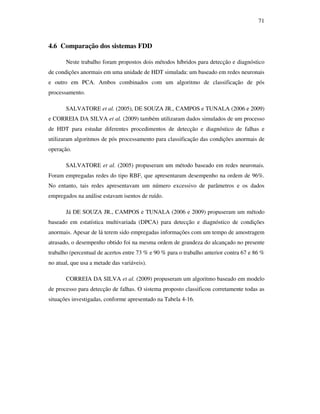 71
4.6 Comparação dos sistemas FDD
Neste trabalho foram propostos dois métodos híbridos para detecção e diagnóstico
de condições anormais em uma unidade de HDT simulada: um baseado em redes neuronais
e outro em PCA. Ambos combinados com um algoritmo de classificação de pós
processamento.
SALVATORE et al. (2005), DE SOUZA JR., CAMPOS e TUNALA (2006 e 2009)
e CORREIA DA SILVA et al. (2009) também utilizaram dados simulados de um processo
de HDT para estudar diferentes procedimentos de detecção e diagnóstico de falhas e
utilizaram algoritmos de pós processamento para classificação das condições anormais de
operação.
SALVATORE et al. (2005) propuseram um método baseado em redes neuronais.
Foram empregadas redes do tipo RBF, que apresentaram desempenho na ordem de 96%.
No entanto, tais redes apresentavam um número excessivo de parâmetros e os dados
empregados na análise estavam isentos de ruído.
Já DE SOUZA JR., CAMPOS e TUNALA (2006 e 2009) propuseram um método
baseado em estatística multivariada (DPCA) para detecção e diagnóstico de condições
anormais. Apesar de lá terem sido empregadas informações com um tempo de amostragem
atrasado, o desempenho obtido foi na mesma ordem de grandeza do alcançado no presente
trabalho (percentual de acertos entre 73 % e 90 % para o trabalho anterior contra 67 e 86 %
no atual, que usa a metade das variáveis).
CORREIA DA SILVA et al. (2009) propuseram um algoritmo baseado em modelo
de processo para detecção de falhas. O sistema proposto classificou corretamente todas as
situações investigadas, conforme apresentado na Tabela 4-16.
 