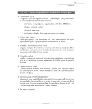 99
ANEXOS
1. Compressor de ar
Compressor para ar comprimido ISENTO DE ÓLEO para serviço intermiten-
te com as seguintes especificações mínimas:
• reservatório com purgador e capacidade de 250 litros (140 libras);
• cabeçote com dois pistões;
• válvula de segurança;
• manômetro indicador da pressão interna do reservatório.
2. Pistola para pintura
Pistola para pintura com reservatório de 1 litro com regulador de leque,
regulador da agulha e pressão mínima de trabalho de 50 libras.
3. Jateadora de microesfera de vidro
Máquina para jato de areia seca, completa, com tanque-mangueira, bicos
manômetros, equipamentos de proteção do operador, etc., com câmara de
jateamento onde caiba até uma cadeira.
4. Lixadeira/politriz
Lixadeira profissional com dupla isolação, duas velocidades, capacidade de
lixas de 170 x 280 mm, potência aproximada de 700 W, tensão de trabalho
de 220 V.
5. Dobradeiras de tubos
Curvador manual de tubos, com alavanca e catraca, para tubos de cobre e
aço com espessura de até 3 mm e diâmetro de até 1.1/4”, curvaturas unifor-
mes até 180 graus.
6. Cortador para serralheria (policorte)
Máquina de corte para utilização em serralheria com capacidade de corte de
aço, perfilados (tubos, perfis, etc.), metais ferrosos, não-ferrosos, etc. Deve
possuir mesa de corte com capacidade de articulação, lâmina de 12” com
capacidade de corte sem rebarbas e motor blindado.
7. Saca-pino paralelo
ANEXO 5 – Conjunto de equipamentos e ferramentas de utilização geral
 