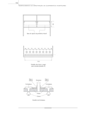 GERENCIAMENTO DE MANUTENÇÃO DE EQUIPAMENTOS HOSPITALARES
102
Base de apoio da prateleira móvel
16
110
Detalhe dos furos e rasgo
para tomada (detalhe X)
12 12 12 12 12 12 12 16
Stop e
tranca Divisória
Fechadura
Porta
Chave
Detalhe da fechadura
Fechadura
Stop e
tranca
26
 