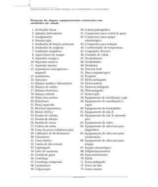 1. Acelerador linear
2. Agitador (laboratório)
3. Amalgamador
4. Amnioscópio
5. Analisador de função pulmonar
6. Analisador de oxigênio
7. Analisador sangüíneo
8. Aquecedores de sangue
9. Aspirador cirúrgico
10. Aspirador torácico
11. Aspirador uterino
12. Aspiradores (emergência e
traqueal)
13. Audiômetro
14. Autoclave
15. Balança analítica (laboratório)
16. Balança de adulto
17. Balança eletrônica
18. Balança infantil
19. Balão intra-aórtico
20. Bebedouro
21. Berço aquecido
22. Bicicleta ergométrica
23. Bisturi elétrico
24. Bomba de cobalto
25. Bomba de infusão
26. Bomba de vácuo
27. Cadeira de rodas
28. Caixa de prova (oftalmoscopia)
29. Calibrador de decibelímetro
30. Calorímetro
31. Cama elétrica
32. Caneta de alta rotação
33. Capinógrafo
34. Carro de anestesia
35. Central de gases
36. Centrífuga
37. Centrífuga refrigerada
38. Ceratômetro
39. Colposcópio
40. Coluna pantográfica
41. Compressor para central de gases
42. Compressor para equipo
odontológico
43. Compressor para inalação
44. Condicionador de temperatura
45. Congelador (freezer)
46. Contador de célula
47. Decibelímetro
48. Desfibrilador
49. Destilador
50. Detector fetal
51. Disco esquiascópico
52. Ecógrafo
53. Eletrocardiógrafo
54. Eletrocautério
55. Eletroencefalógrafo
56. Eletromiógrafo
57. Endoscópio
58. Equipamento de esterilização a gás
59. Equipamento de esterilização a
vapor
60. Equipamento de hemodiálise
61. Equipamento de raio X
62. Equipamento de raio X odontoló-
gico
63. Equipamento de vídeo
64. Equipamento de ultra-som para
diagnóstico
65. Equipamento de ultra-som para
monitoração
66. Equipamento de ultra-som para
terapia
67. Equipo odontológico
68. Esfigmomanômetros
69. Espectrofotômetro
70. Estufa
71. Fonocardiógrafo
72. Forno de bier
73. Gama câmara
GERENCIAMENTO DE MANUTENÇÃO DE EQUIPAMENTOS HOSPITALARES
6
Relação de alguns equipamentos existentes em
unidades de saúde
 