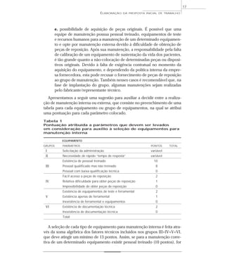 e. possibilidade de aquisição de peças originais. É possível que uma
equipe de manutenção possua pessoal treinado, equipamentos de teste
e recursos humanos para a manutenção de um determinado equipamen-
to e opte por manutenção externa devido à dificuldade de obtenção de
peças de reposição. Após sua manutenção, a responsabilidade pela falta
de calibração de um equipamento de sustentação da vida dos pacientes,
é tão grande quanto a não-colocação de determinadas peças ou disposi-
tivos originais. Devido à falta de exigência contratual no momento da
aquisição do equipamento, e dependendo da política interna da empre-
sa fornecedora, esta pode recusar o fornecimento de peças de reposição
ao grupo de manutenção. Também nesses casos é recomendável que, na
fase de implantação do grupo, algumas manutenções sejam realizadas
pelo fabricante/representante técnico.
Apresentamos a seguir uma sugestão para auxiliar a decidir entre a realiza-
ção de manutenção interna ou externa, que consiste no preenchimento de uma
tabela para cada equipamento ou grupo de equipamentos, na qual se atribui
uma pontuação para cada parâmetro colocado.
Tabela 1
Pontuação atribuída a parâmetros que devem ser levados
em consideração para auxílio à seleção de equipamentos para
manutenção interna
EQUIPAMENTO
GRUPOS PARÂMETROS PONTOS TOTAL
I Solicitação da administração variável
II Necessidade de rápido “tempo de resposta” variável
Existência de pessoal treinado 10
III Pessoal qualificado mas não treinado 8
Pessoal com baixa qualificação técnica 0
Fácil acesso a peças de reposição 2
IV Relativa dificuldade para obter peças de reposição 1
Impossibilidade de obter peças de reposição 0
Existência de equipamentos de teste e ferramental 2
V Existência apenas de ferramental 1
Inexistência de ferramental e equipamentos 0
VI Existência de documentação técnica 2
Inexistência de documentação técnica 0
Total
A seleção de cada tipo de equipamento para manutenção interna é feita atra-
vés da soma algébrica dos fatores técnicos incluídos nos grupos III+IV+V+VI,
que deve atingir um mínimo de 13 pontos. Assim, se para a manutenção corre-
tiva de um determinado equipamento existir pessoal treinado (10 pontos), for
ELABORAÇÃO DA PROPOSTA INICIAL DE TRABALHO
17
 