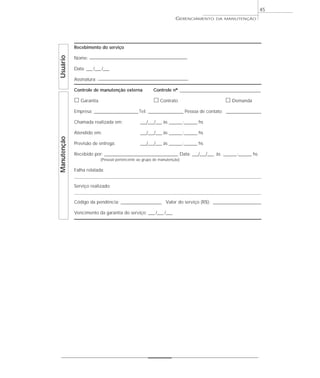 GERENCIAMENTO DA MANUTENÇÃO
45
ManutençãoUsuário
Recebimento do serviço
Nome: _____________________________________________________
Data: ___ /___ /___
Assinatura: _________________________________________________
Controle de manutenção externa Controle nº ____________________________________________
ᮀ Garantia ᮀ Contrato ᮀ Demanda
Empresa: ________________________Tel: ___________________ Pessoa de contato: ___________________
Chamada realizada em: ___/___/___ às _______:_______ hs
Atendido em: ___/___/___ às _______:_______ hs
Previsão de entrega: ___/___/___ às _______:_______ hs
Recebido por: ________________________________________ Data: ___/___/___ às _______:_______ hs
(Pessoal pertencente ao grupo de manutenção)
Falha relatada:
Serviço realizado:
Código da pendência: ______________________ Valor do serviço (R$): __________________________
Vencimento da garantia do serviço: ___ /___ /___
 