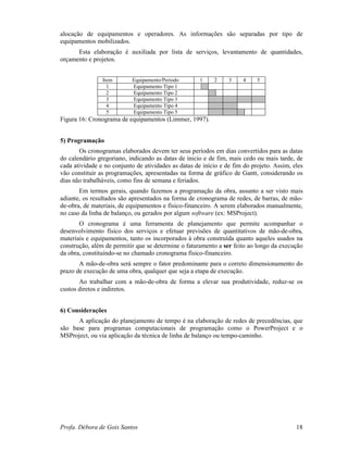 Profa. Débora de Gois Santos 18
alocação de equipamentos e operadores. As informações são separadas por tipo de
equipamentos mobilizados.
Esta elaboração é auxiliada por lista de serviços, levantamento de quantidades,
orçamento e projetos.
Item Equipamento/Período 1 2 3 4 5
1 Equipamento Tipo 1
2 Equipamento Tipo 2
3 Equipamento Tipo 3
4 Equipamento Tipo 4
5 Equipamento Tipo 5
Figura 16: Cronograma de equipamentos (Limmer, 1997).
5) Programação
Os cronogramas elaborados devem ter seus períodos em dias convertidos para as datas
do calendário gregoriano, indicando as datas de inicio e de fim, mais cedo ou mais tarde, de
cada atividade e no conjunto de atividades as datas de início e de fim do projeto. Assim, eles
vão constituir as programações, apresentadas na forma de gráfico de Gantt, considerando os
dias não trabalháveis, como fins de semana e feriados.
Em termos gerais, quando fazemos a programação da obra, assunto a ser visto mais
adiante, os resultados são apresentados na forma de cronograma de redes, de barras, de mão-
de-obra, de materiais, de equipamentos e físico-financeiro. A serem elaborados manualmente,
no caso da linha de balanço, ou gerados por algum software (ex: MSProject).
O cronograma é uma ferramenta de planejamento que permite acompanhar o
desenvolvimento físico dos serviços e efetuar previsões de quantitativos de mão-de-obra,
materiais e equipamentos, tanto os incorporados à obra construída quanto aqueles usados na
construção, além de permitir que se determine o faturamento a ser feito ao longo da execução
da obra, constituindo-se no chamado cronograma físico-financeiro.
A mão-de-obra será sempre o fator predominante para o correto dimensionamento do
prazo de execução de uma obra, qualquer que seja a etapa de execução.
Ao trabalhar com a mão-de-obra de forma a elevar sua produtividade, reduz-se os
custos diretos e indiretos.
6) Considerações
A aplicação do planejamento de tempo é na elaboração de redes de precedências, que
são base para programas computacionais de programação como o PowerProject e o
MSProject, ou via aplicação da técnica de linha de balanço ou tempo-caminho.
 