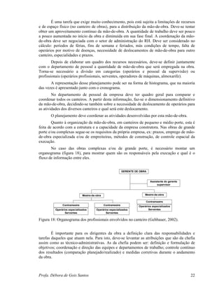 Profa. Débora de Gois Santos 22
É uma tarefa que exige muito conhecimento, pois está sujeita a limitações de recursos
e de espaço físico (no canteiro de obras), para a distribuição da mão-de-obra. Deve-se tentar
obter um aproveitamento contínuo da mão-de-obra. A quantidade de trabalho deve ser pouco
a pouco aumentada no início da obra e diminuída em sua fase final. A coordenação da mão-
de-obra deve ser negociada com o setor de administração do RH. Deve ser considerado no
cálculo: períodos de férias, fins de semana e feriados, más condições de tempo, falta de
operários por motivo de doenças, necessidade de deslocamentos de mão-de-obra para outro
canteiro, especialidades e prazos.
Depois de elaborar um quadro dos recursos necessários, deve-se definir juntamente
com o departamento de pessoal a quantidade de mão-de-obra que será empregada na obra.
Torna-se necessário a divisão em categorias (operários e pessoal da supervisão) ou
profissionais (operários profissionais, serventes, operadores de máquinas, almoxarife).
A representação desse planejamento pode ser na forma de histograma, que na maioria
das vezes é apresentado junto com o cronograma.
No departamento de pessoal da empresa deve ter quadro geral para comparar e
coordenar todos os canteiros. A partir desta informação, faz-se o dimensionamento definitivo
da mão-de-obra, decidindo-se também sobre a necessidade de deslocamento de operários para
as atividades dos diversos canteiros e qual será este deslocamento.
O planejamento deve coordenar as atividades desenvolvidas por esta mão-de-obra.
Quanto à organização da mão-de-obra, em canteiros de pequeno e médio porte, esta é
feita de acordo com a estrutura e a capacidade da empresa construtora. Nas obras de grande
porte e/ou complexas segue-se os requisitos da própria empresa, ex: prazos, emprego de mão-
de-obra especializada e/ou de empreiteiras, métodos de construção, de controle espacial da
execução.
No caso das obras complexas e/ou de grande porte, é necessário montar um
organograma (figura 18), para mostrar quem são os responsáveis pela execução e qual é o
fluxo de informação entre eles.
GERENTE DE OBRA
Assistente do gerente
supervisor
Mestre-de-obra
Contramestre
Operários especializados
Serventes
Mestre-de-obra
Contramestre
Operários especializados
Serventes
Contramestre
Operários especializados
Serventes
Figura 18: Organograma dos profissionais envolvidos no canteiro (Gehbauer, 2002).
É importante para os dirigentes da obra a definição clara das responsabilidades e
tarefas daqueles que atuam nela. Para isto, deve-se levantar as atribuições que são da chefia
assim como as técnico-administrativas. As da chefia podem ser: definição e formulação de
objetivos; coordenação e direção das equipes e departamentos de trabalho; controle contínuo
dos resultados (comparação planejado/realizado) e medidas corretivas durante o andamento
da obra.
 