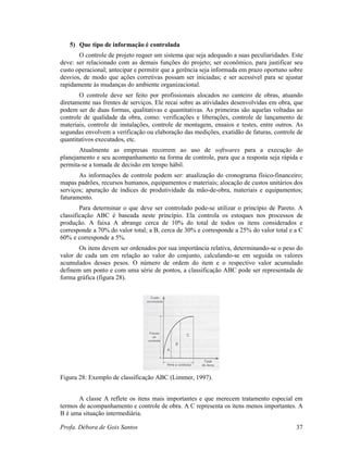 Profa. Débora de Gois Santos 37
5) Que tipo de informação é controlada
O controle de projeto requer um sistema que seja adequado a suas peculiaridades. Este
deve: ser relacionado com as demais funções do projeto; ser econômico, para justificar seu
custo operacional; antecipar e permitir que a gerência seja informada em prazo oportuno sobre
desvios, de modo que ações corretivas possam ser iniciadas; e ser acessível para se ajustar
rapidamente às mudanças do ambiente organizacional.
O controle deve ser feito por profissionais alocados no canteiro de obras, atuando
diretamente nas frentes de serviços. Ele recai sobre as atividades desenvolvidas em obra, que
podem ser de duas formas, qualitativas e quantitativas. As primeiras são aquelas voltadas ao
controle de qualidade da obra, como: verificações e liberações, controle de lançamento de
materiais, controle de instalações, controle de montagem, ensaios e testes, entre outros. As
segundas envolvem a verificação ou elaboração das medições, exatidão de faturas, controle de
quantitativos executados, etc.
Atualmente as empresas recorrem ao uso de softwares para a execução do
planejamento e seu acompanhamento na forma de controle, para que a resposta seja rápida e
permita-se a tomada de decisão em tempo hábil.
As informações de controle podem ser: atualização do cronograma físico-financeiro;
mapas padrões, recursos humanos, equipamentos e materiais; alocação de custos unitários dos
serviços; apuração de índices de produtividade da mão-de-obra, materiais e equipamentos;
faturamento.
Para determinar o que deve ser controlado pode-se utilizar o princípio de Pareto. A
classificação ABC é baseada neste princípio. Ela controla os estoques nos processos de
produção. A faixa A abrange cerca de 10% do total de todos os itens considerados e
corresponde a 70% do valor total; a B, cerca de 30% e corresponde a 25% do valor total e a C
60% e corresponde a 5%.
Os itens devem ser ordenados por sua importância relativa, determinando-se o peso do
valor de cada um em relação ao valor do conjunto, calculando-se em seguida os valores
acumulados desses pesos. O número de ordem do item e o respectivo valor acumulado
definem um ponto e com uma série de pontos, a classificação ABC pode ser representada de
forma gráfica (figura 28).
Figura 28: Exemplo de classificação ABC (Limmer, 1997).
A classe A reflete os itens mais importantes e que merecem tratamento especial em
termos de acompanhamento e controle de obra. A C representa os itens menos importantes. A
B é uma situação intermediária.
 