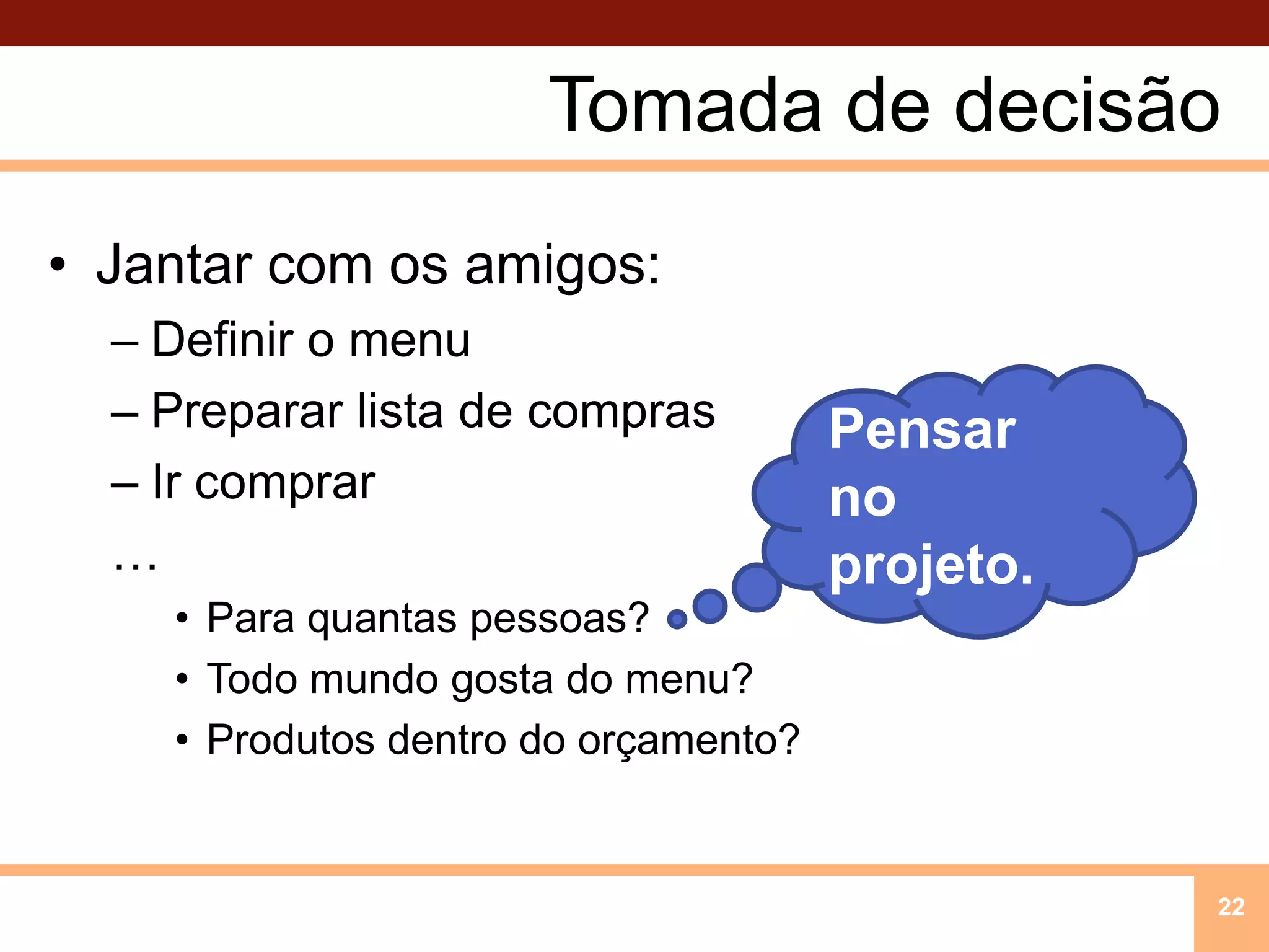 Tomada de decisãoJantar com os amigos:Definir o menuPrepararlista de comprasIrcomprar…Para quantaspessoas?Todomundogosta do menu?Produtosdentro do orçamento?22Pensar no projeto.