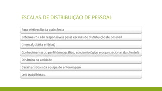 ESCALAS DE DISTRIBUIÇÃO DE PESSOAL 
Para efetivação da assistência 
Enfermeiros são responsáveis pelas escalas de distribuição de pessoal 
(mensal, diária e férias) 
Conhecimento do perfil demográfico, epidemiológico e organizacional da clientela 
Dinâmica da unidade 
Características da equipe de enfermagem 
Leis trabalhistas.  