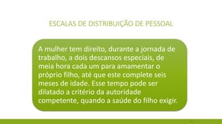 39 
ESCALAS DE DISTRIBUIÇÃO DE PESSOAL 
A mulher tem direito, durante a jornada de trabalho, a dois descansos especiais, de meia hora cada um para amamentar o próprio filho, até que este complete seis meses de idade. Esse tempo pode ser dilatado a critério da autoridade competente, quando a saúde do filho exigir.  