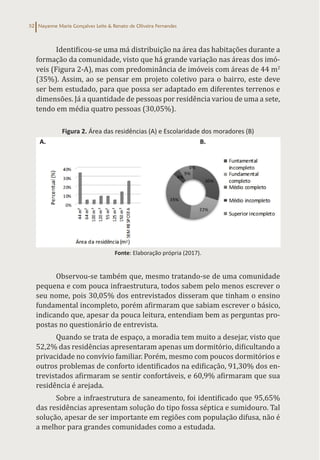 Nayanne Maria Gonçalves Leite & Renato de Oliveira Fernandes
52
Identificou-se uma má distribuição na área das habitações durante a
formação da comunidade, visto que há grande variação nas áreas dos imó-
veis (Figura 2-A), mas com predominância de imóveis com áreas de 44 m2
(35%). Assim, ao se pensar em projeto coletivo para o bairro, este deve
ser bem estudado, para que possa ser adaptado em diferentes terrenos e
dimensões. Já a quantidade de pessoas por residência variou de uma a sete,
tendo em média quatro pessoas (30,05%).
Figura 2. Área das residências (A) e Escolaridade dos moradores (B)
Fonte: Elaboração própria (2017).
Observou-se também que, mesmo tratando-se de uma comunidade
pequena e com pouca infraestrutura, todos sabem pelo menos escrever o
seu nome, pois 30,05% dos entrevistados disseram que tinham o ensino
fundamental incompleto, porém afirmaram que sabiam escrever o básico,
indicando que, apesar da pouca leitura, entendiam bem as perguntas pro-
postas no questionário de entrevista.
Quando se trata de espaço, a moradia tem muito a desejar, visto que
52,2% das residências apresentaram apenas um dormitório, dificultando a
privacidade no convívio familiar. Porém, mesmo com poucos dormitórios e
outros problemas de conforto identificados na edificação, 91,30% dos en-
trevistados afirmaram se sentir confortáveis, e 60,9% afirmaram que sua
residência é arejada.
Sobre a infraestrutura de saneamento, foi identificado que 95,65%
das residências apresentam solução do tipo fossa séptica e sumidouro. Tal
solução, apesar de ser importante em regiões com população difusa, não é
a melhor para grandes comunidades como a estudada.
 