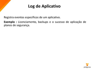 Log de Aplicativo
Registra eventos específicos de um aplicativo.
Exemplo : Licenciamento, backups e o sucesso de aplicação de
planos de segurança.
 