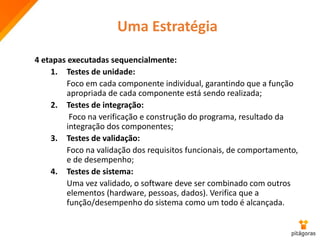 Uma Estratégia
4 etapas executadas sequencialmente:
1. Testes de unidade:
Foco em cada componente individual, garantindo que a função
apropriada de cada componente está sendo realizada;
2. Testes de integração:
Foco na verificação e construção do programa, resultado da
integração dos componentes;
3. Testes de validação:
Foco na validação dos requisitos funcionais, de comportamento,
e de desempenho;
4. Testes de sistema:
Uma vez validado, o software deve ser combinado com outros
elementos (hardware, pessoas, dados). Verifica que a
função/desempenho do sistema como um todo é alcançada.
 