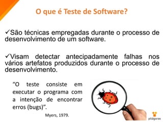 São técnicas empregadas durante o processo de
desenvolvimento de um software.
Visam detectar antecipadamente falhas nos
vários artefatos produzidos durante o processo de
desenvolvimento.
“O teste consiste em
executar o programa com
a intenção de encontrar
erros (bugs)”.
Myers, 1979.
O que é Teste de Software?
 