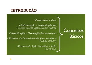 INTRODUÇÃO

                      Arrumando a Casa

         Padronização - Implantação dos
      Procedimentos Operacionais Padrão

 Identificação e Eliminação das Anomalias
                                            Conceitos
Processo de Gerenciamento para manter o
                                              Básicos
                         Padrão (SDCA)

       Processo de Ação Corretiva e Ação
                              Preventiva
 