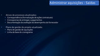 • Ativos de processos atualizados:
• Correspondência (formalização de ações contratuais)
• Cronogramas de entregas x pagamentos
• Documentação da avaliação do desempenho do fornecedor
• Plano de gestão do projeto atualizado:
• Plano de gestão de aquisições
• Linha de base do cronograma
Administrar aquisições - Saídas
 