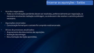• Acordos negociados:
• Todas as reivindicações pendentes devem ser resolvidas, preferencialmente por negociação, se
necessário envolvendo mediação e arbitragem, se ainda assim não resolver o caminho judicial é
necessário.
• Aquisições encerradas:
• Comunicação formal que o contrato foi cumprido e está encerrado.
• Ativos de processos atualizados:
• Arquivamento dos documentos das aquisições.
• Aceitação das entregas.
• Documentação das lições aprendidas.
Encerrar as aquisições - Saídas
 