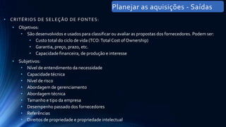 • CRITÉRIOS DE SELEÇÃO DE FONTES:
• Objetivos:
• São desenvolvidos e usados para classificar ou avaliar as propostas dos fornecedores. Podem ser:
• Custo total do ciclo de vida (TCO:Total Cost of Ownership)
• Garantia, preço, prazo, etc.
• Capacidade financeira, de produção e interesse
• Subjetivos:
• Nível de entendimento da necessidade
• Capacidade técnica
• Nível de risco
• Abordagem de gerenciamento
• Abordagem técnica
• Tamanho e tipo da empresa
• Desempenho passado dos fornecedores
• Referências
• Direitos de propriedade e propriedade intelectual
Planejar as aquisições - Saídas
 