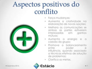 Aspectos positivos do
conflito
• Força mudanças;
• Aumenta a criatividade na
elaboração de novas opções;
• Melhora as comunicações se
ambas as partes estiverem
interessadas
em
ganhos
mútuos;
• Aumenta a energia e a
coesão do grupo;
• Promove o balanceamento
entre
poder
e
influência, quando associado
a técnicas efetivas de solução
de problemas;
• Clarifica as metas.
Dezembro/2013.

17

 