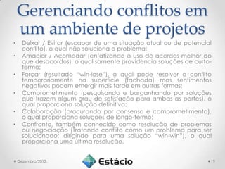 Gerenciando conflitos em
um ambiente de projetos
•

•
•
•
•
•

Deixar / Evitar (escapar de uma situação atual ou de potencial
conflito), o qual não soluciona o problema;
Amaciar / Acomodar (enfatizando o uso de acordos melhor do
que desacordos), o qual somente providencia soluções de curtotermo;
Forçar (resultado “win-lose”), o qual pode resolver o conflito
temporariamente na superfície (fachada) mas sentimentos
negativos podem emergir mais tarde em outras formas;
Comprometimento (pesquisando e barganhando por soluções
que trazem algum grau de satisfação para ambas as partes), o
qual proporciona solução definitiva;
Colaboração (procurando por consenso e comprometimento),
o qual proporciona soluções de longo-termo;
Confronto, também conhecido como resolução de problemas
ou negociação (Tratando conflito como um problema para ser
solucionado; dirigindo para uma solução “win-win”), o qual
proporciona uma última resolução.
Dezembro/2013.

19

 
