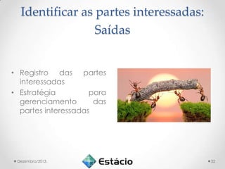 Identificar as partes interessadas:
Saídas
• Registro das partes
interessadas
• Estratégia
para
gerenciamento
das
partes interessadas

Dezembro/2013.

32

 