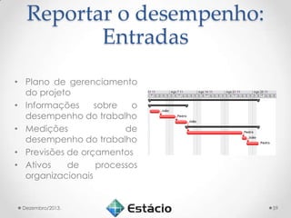 Reportar o desempenho:
Entradas
• Plano de gerenciamento
do projeto
• Informações
sobre
o
desempenho do trabalho
• Medições
de
desempenho do trabalho
• Previsões de orçamentos
• Ativos
de
processos
organizacionais

Dezembro/2013.

59

 